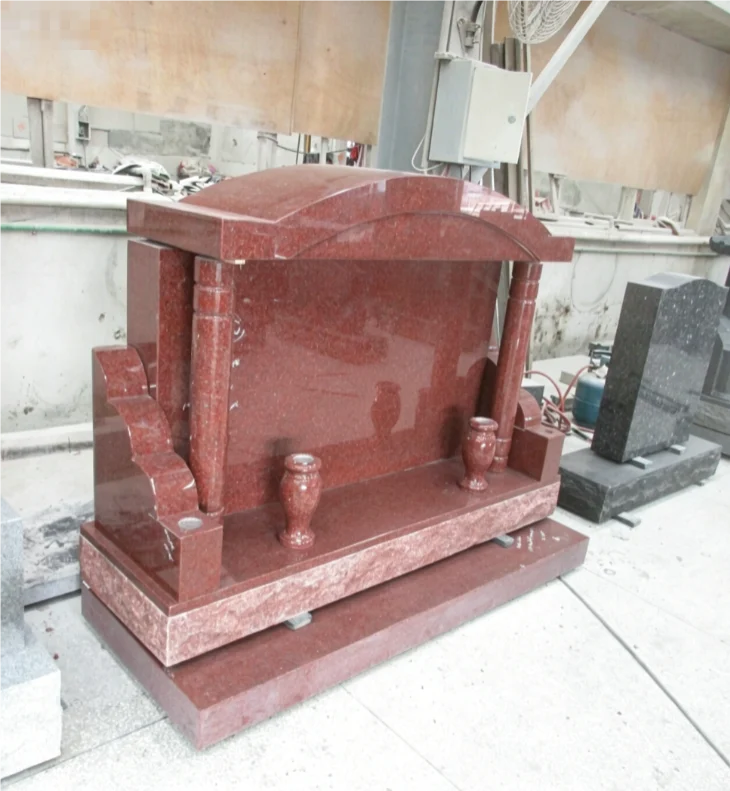 Double-Column Red Granite Headstone with Matching Vases