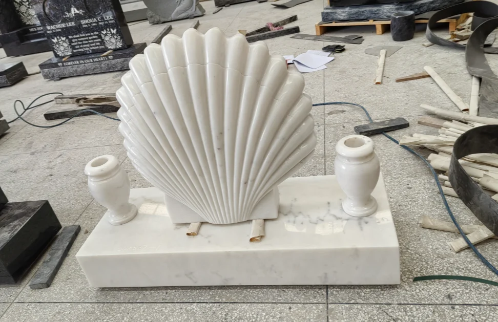 White Marble Shell Art Tombstone with Twin Vases