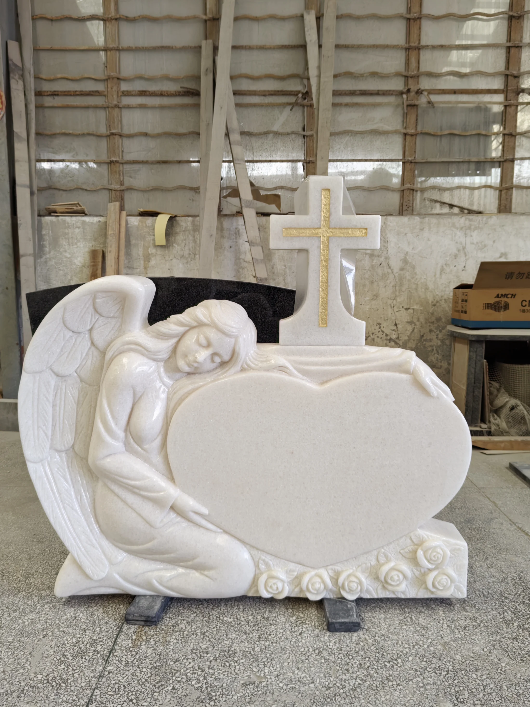 White Marble Angel Heart Tombstone with Golden Cross & Rose Carvings