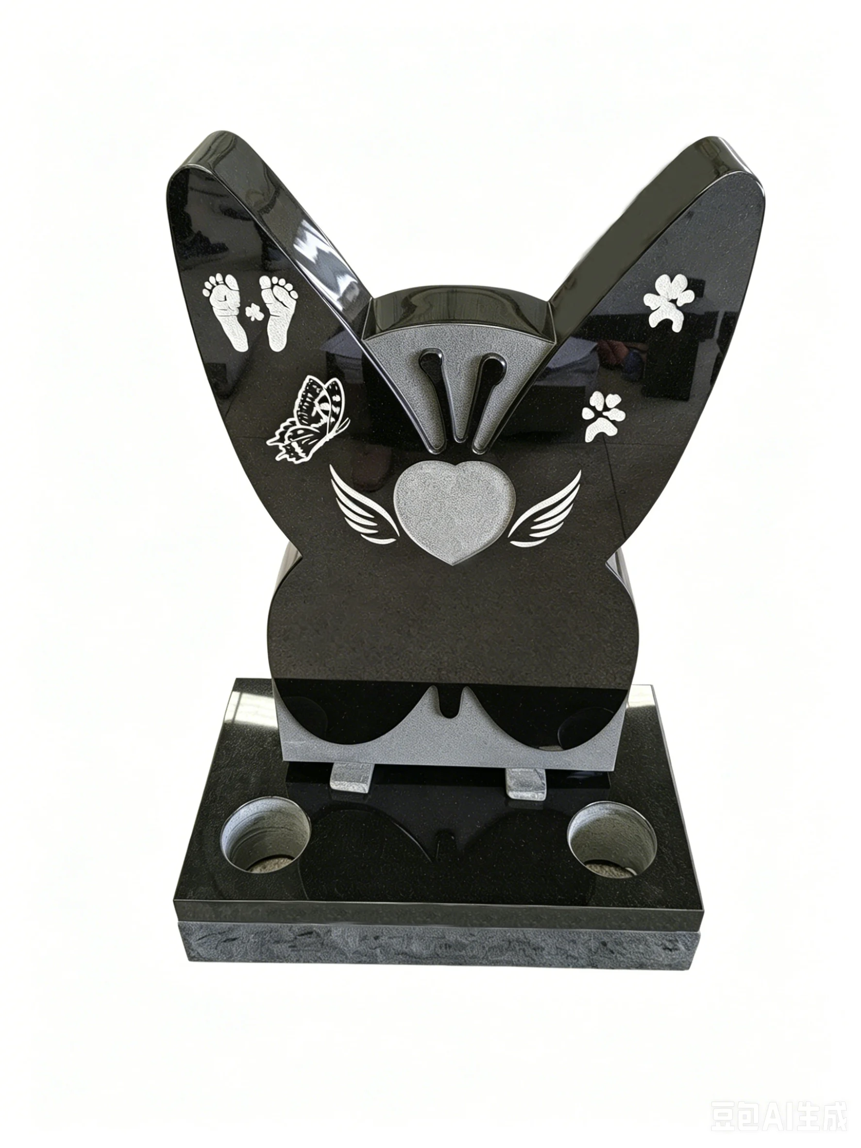Polished Black Granite Butterfly Headstone with Vase Holes