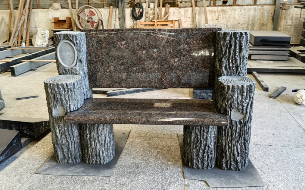 Nature-Inspired Granite Cemetery Bench with Wood Carving