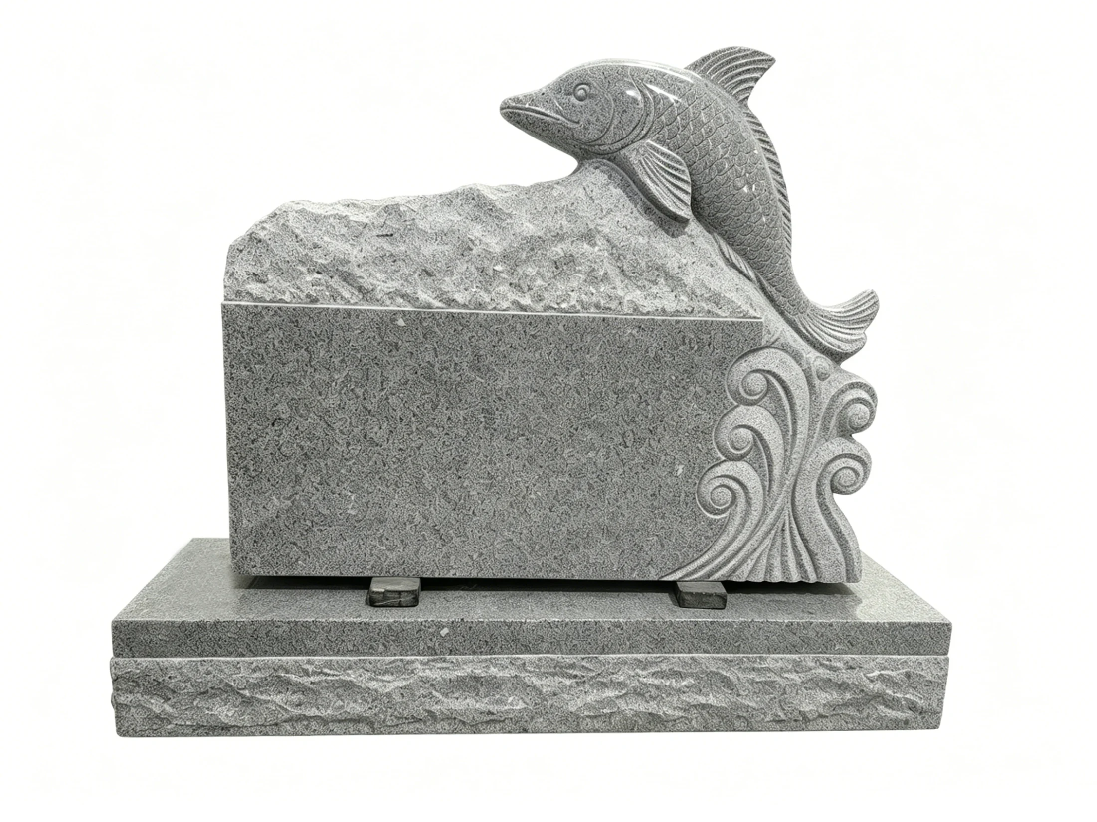 Fish & Wave Carved Granite Grave Marker