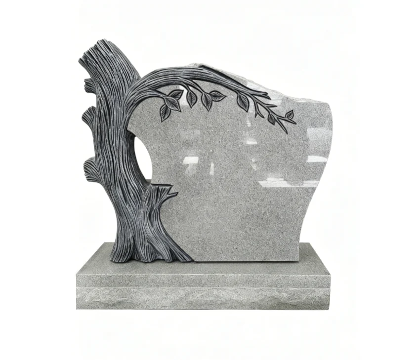 One-Piece Grey Granite Tree-Carved Tombstone