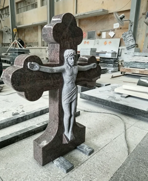 Red Granite Crucifix Headstone with Jesus Sculpture