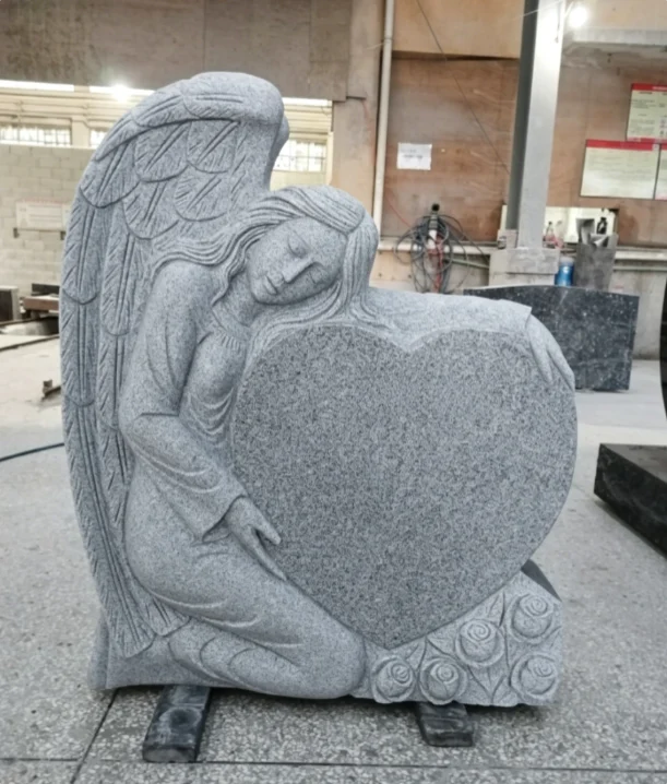 Grey Granite Angel Heart Headstone with Rose Carving