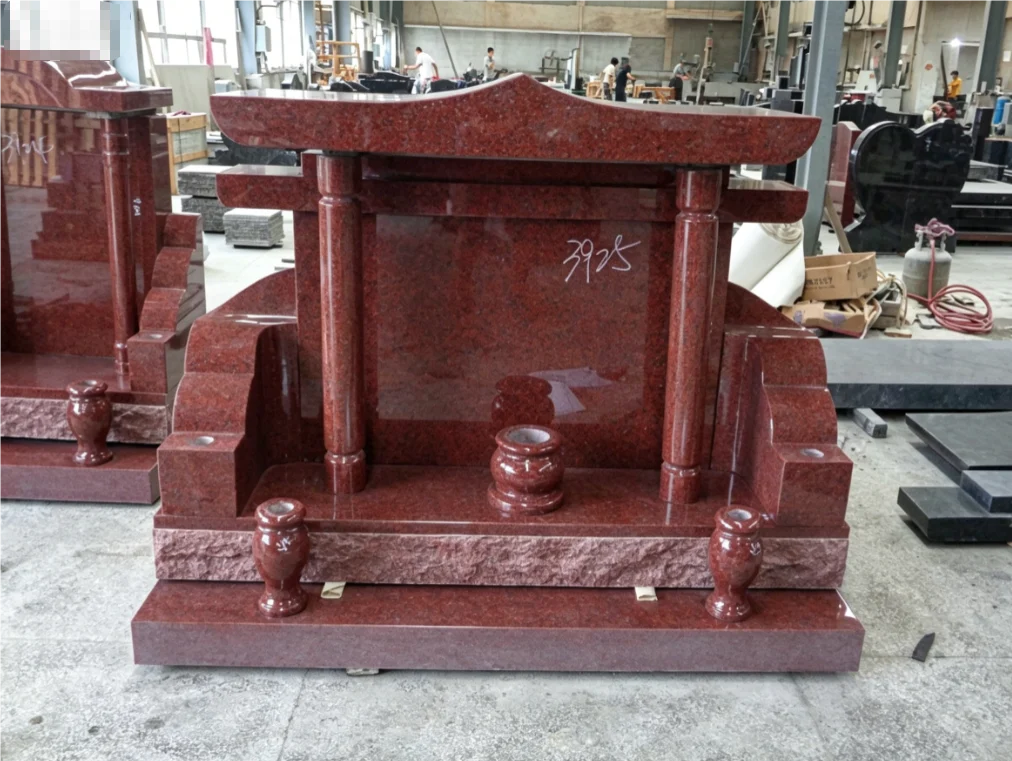 Red Granite Tombstone with Columns & Vases
