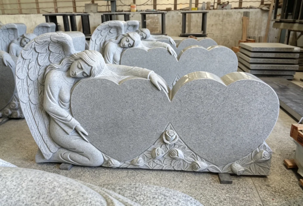 Grey Granite Double Heart Angel Headstone with Rose Carving