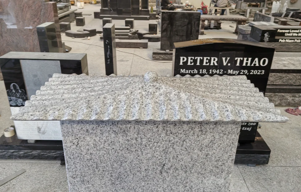 Durable Light Gray Granite Tombstone with Traditional Roof Design