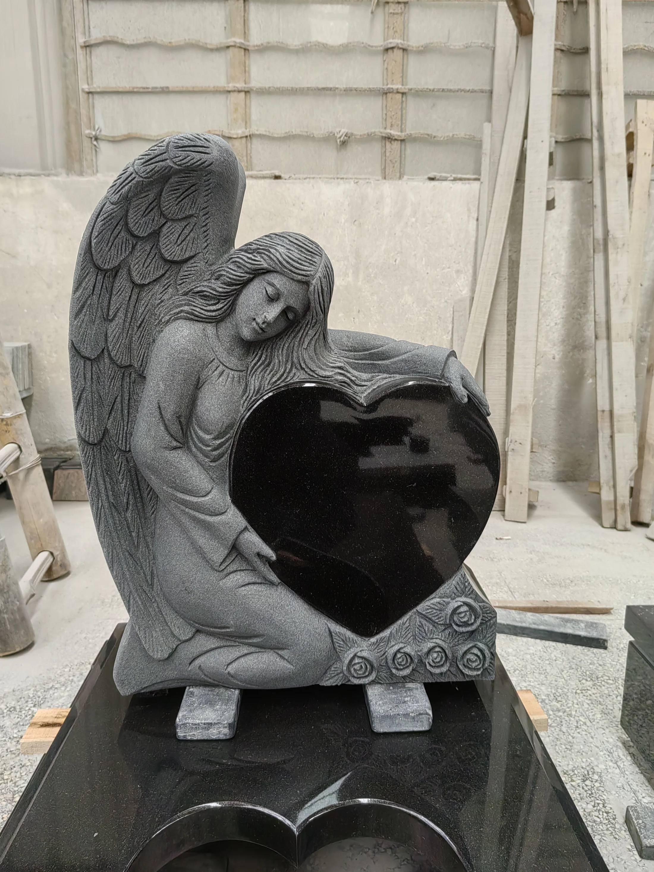 Angel-Embraced Heart-Shaped Granite Headstone