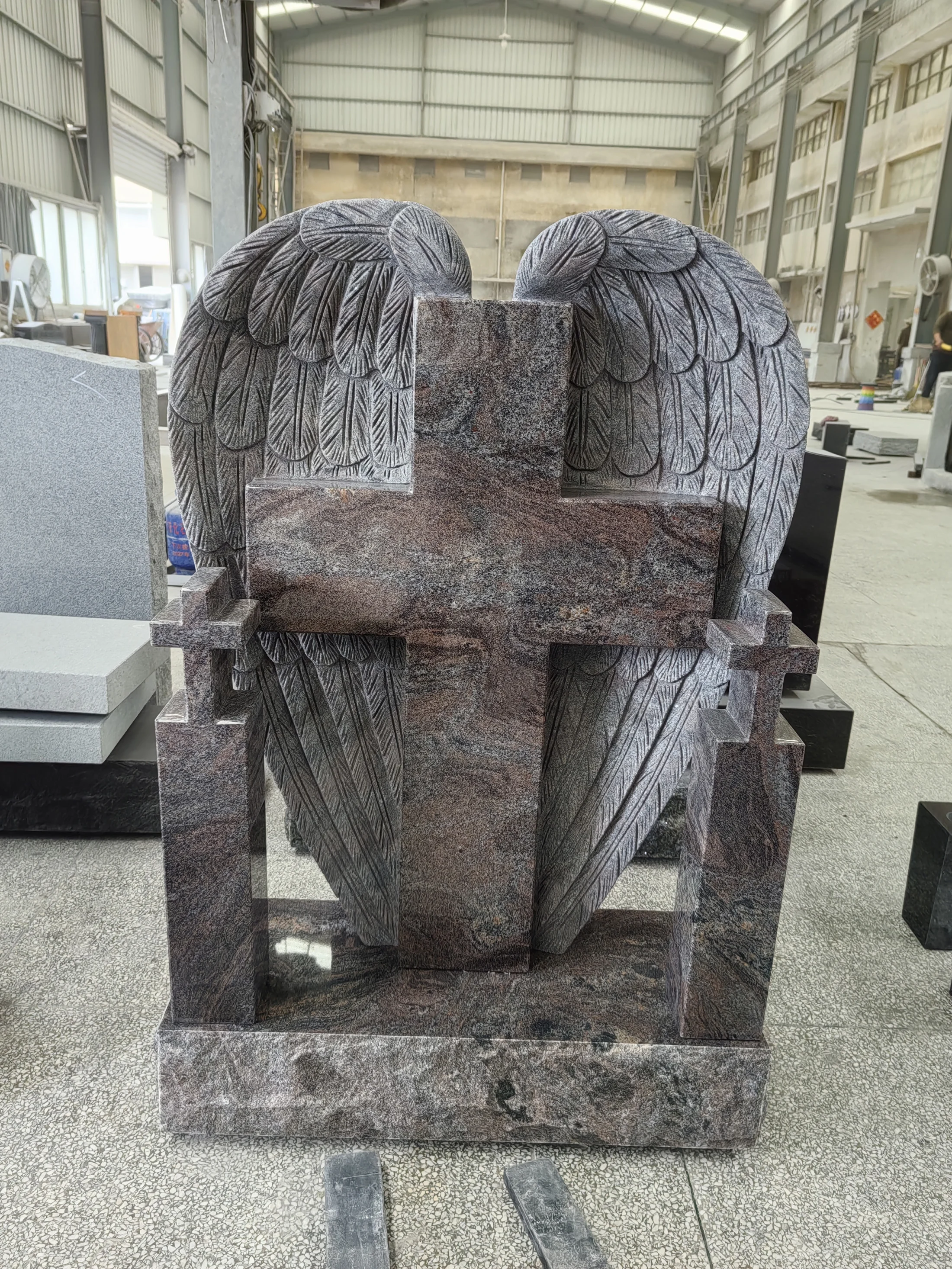 Wing Shaped Art Tombstone with Cross