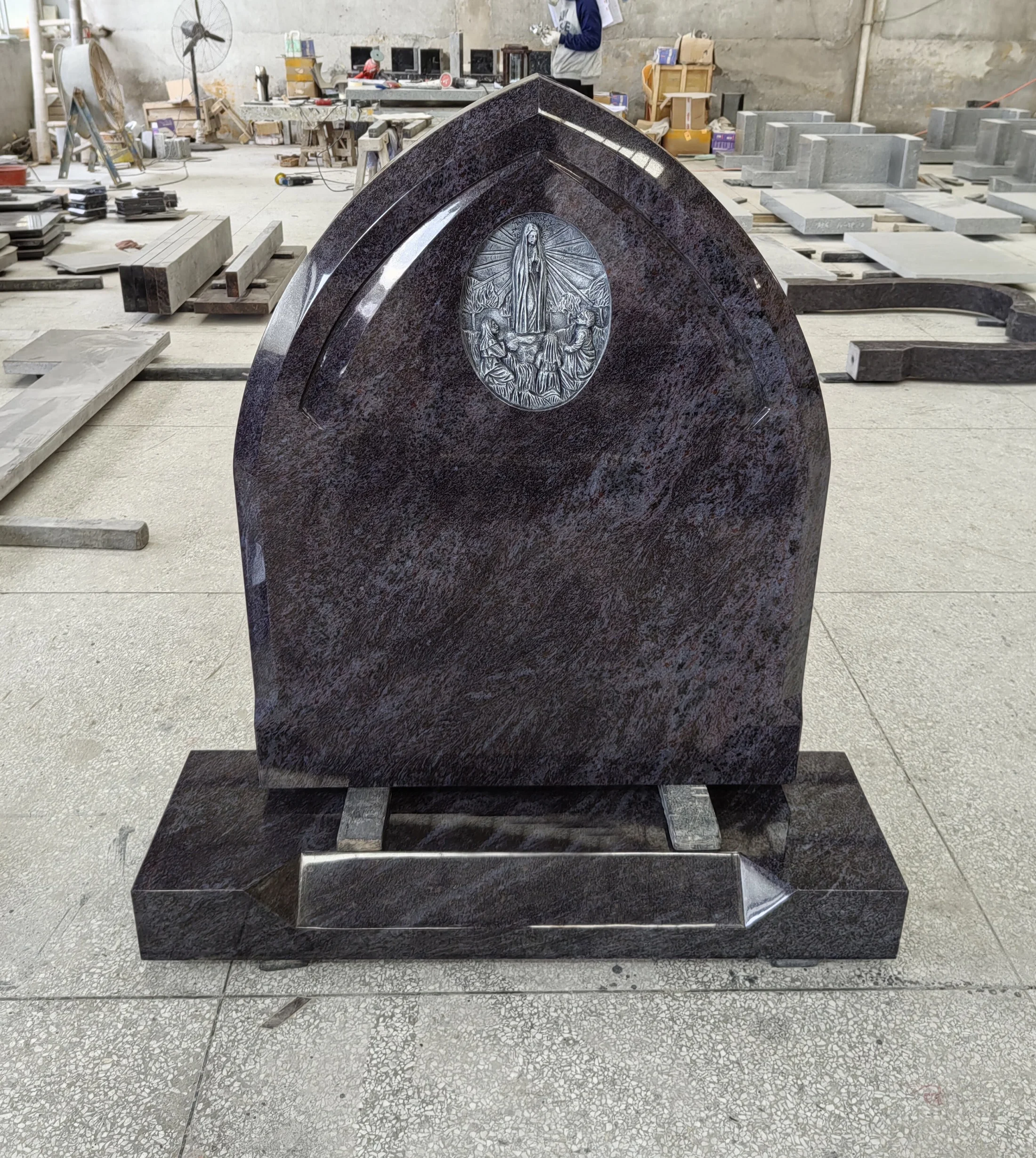 Granite Headstone with Virgin Mary Carving