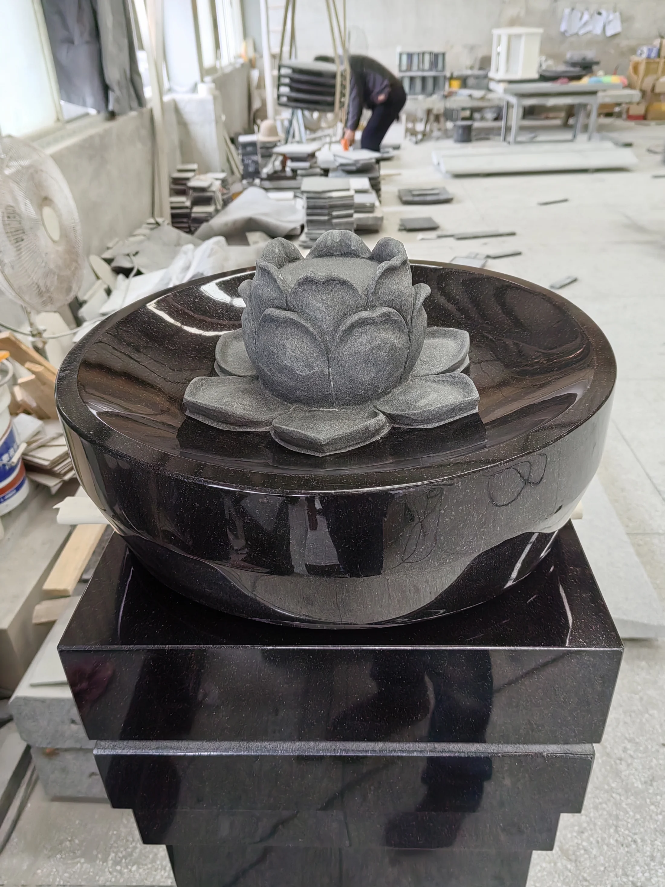 Polished Black Granite Lotus Memorial Bowl