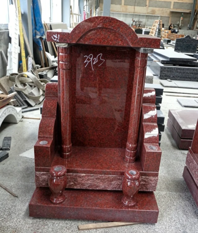 Arched Top Red Granite Headstone with Columns