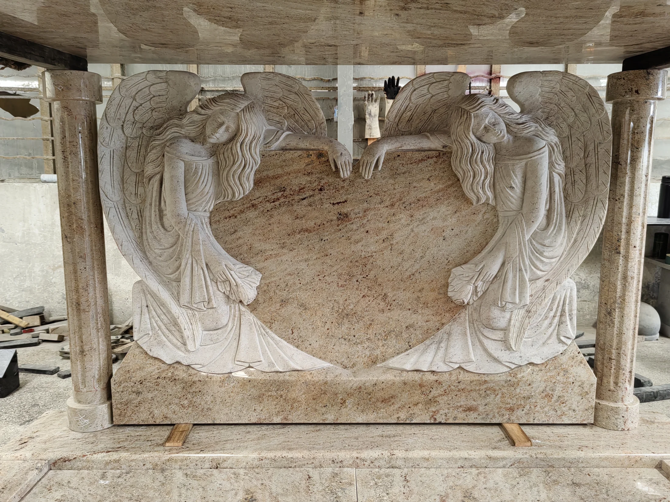Double Angel Heart Granite Headstone