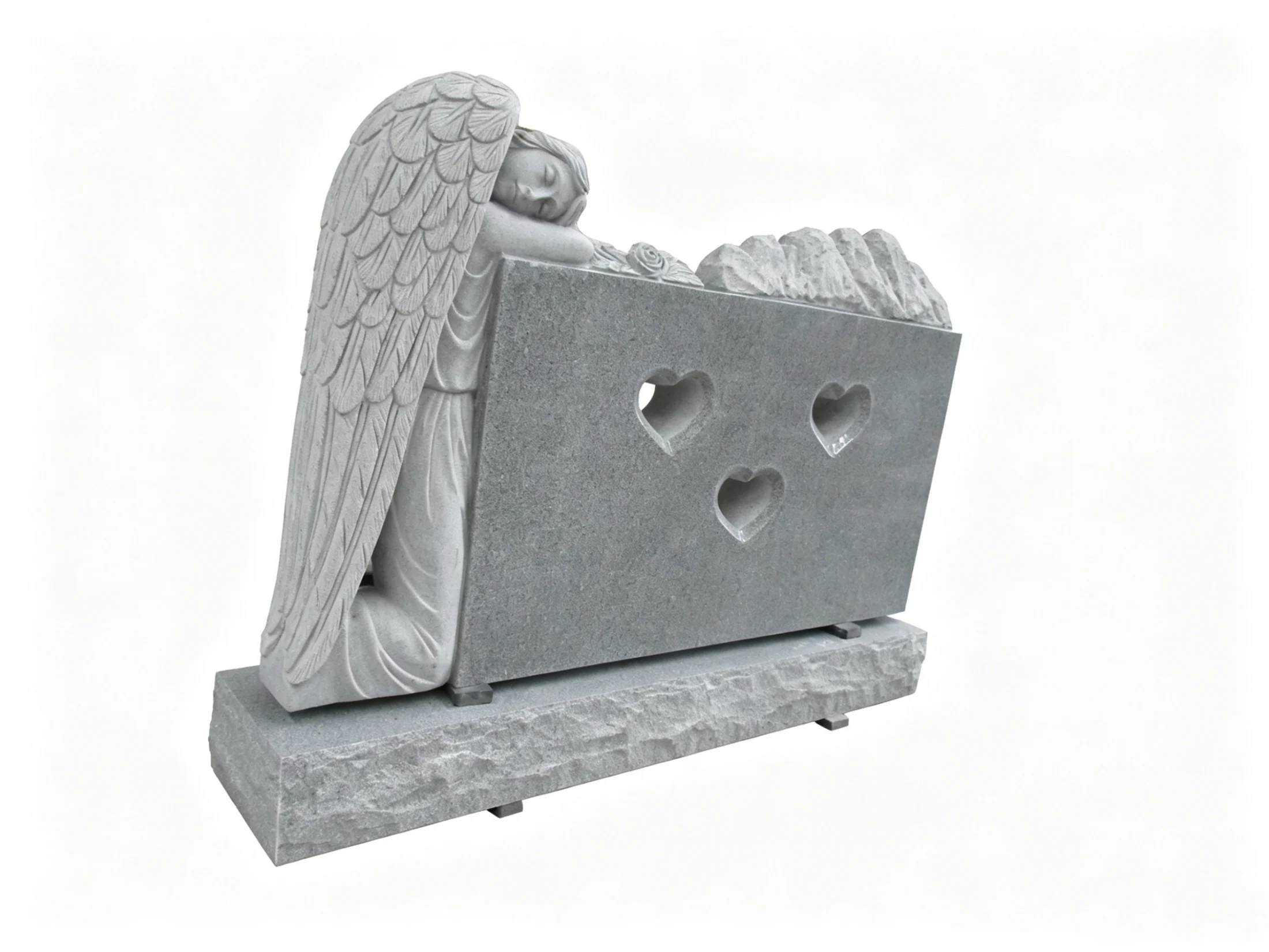 Angel & Mountain Relief Triple Heart Cutout Headstone