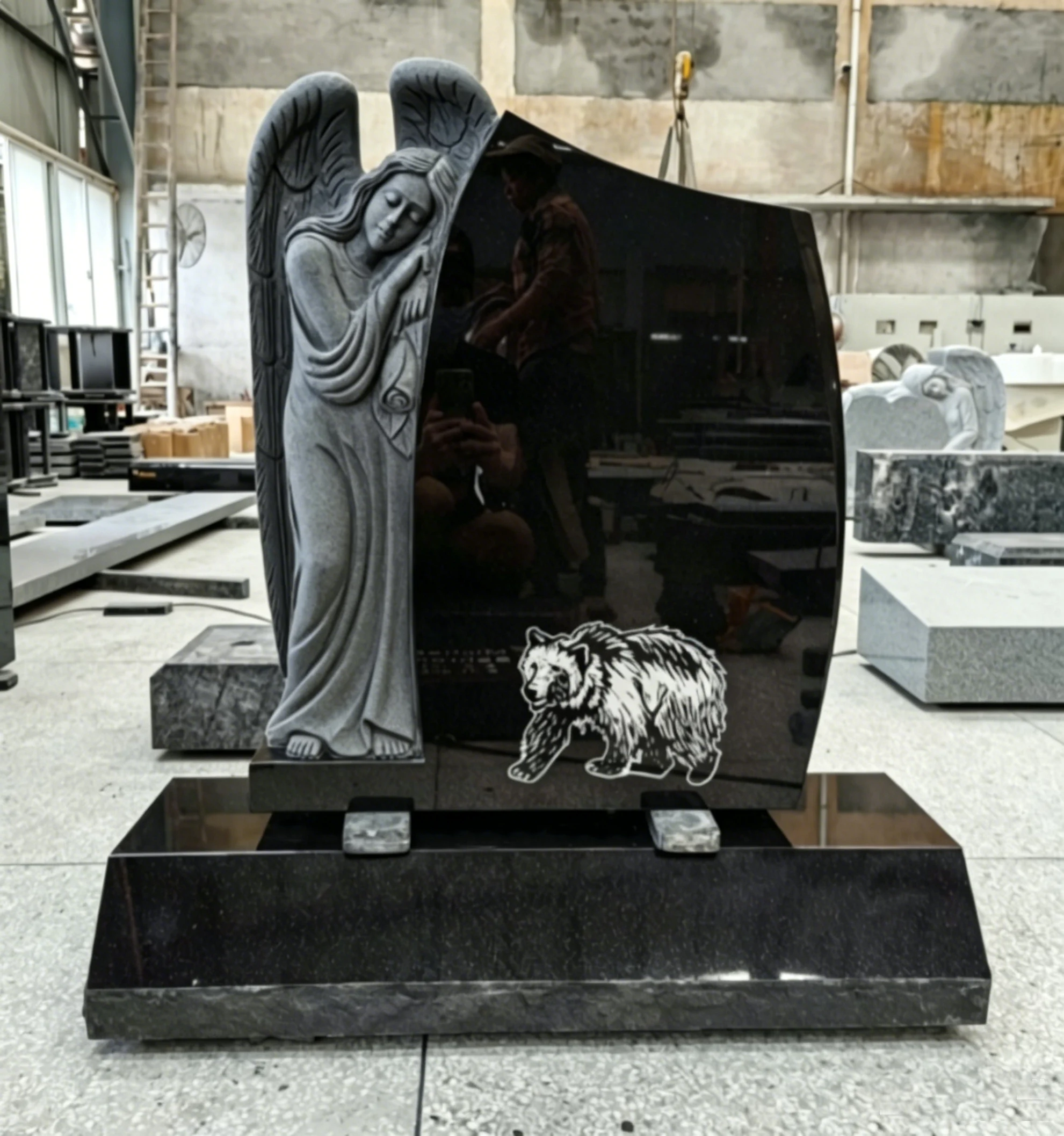 Black Granite Angel Headstone with Bear Engraving