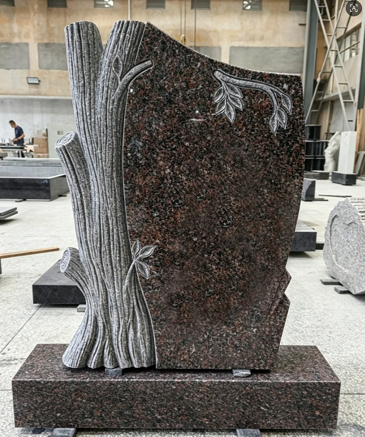 Red-Brown Granite Tree Carved Headstone