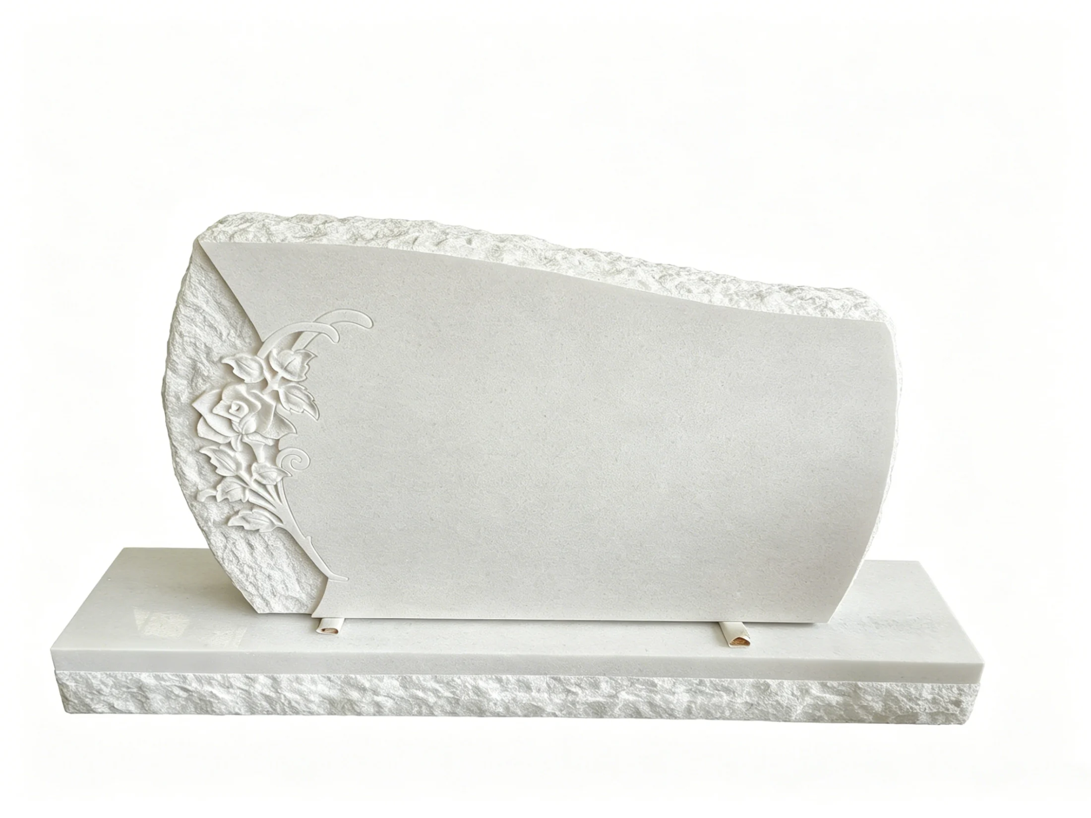 Simple White Stone Tombstone with Rose Relief