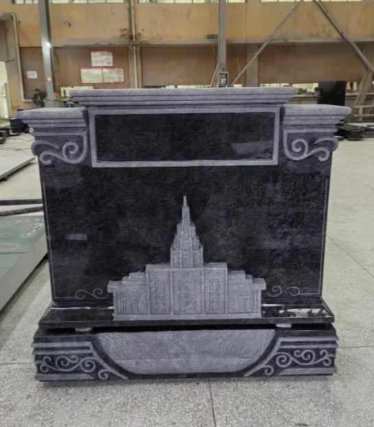 Black Granite Headstone with Church Building Relief Carving