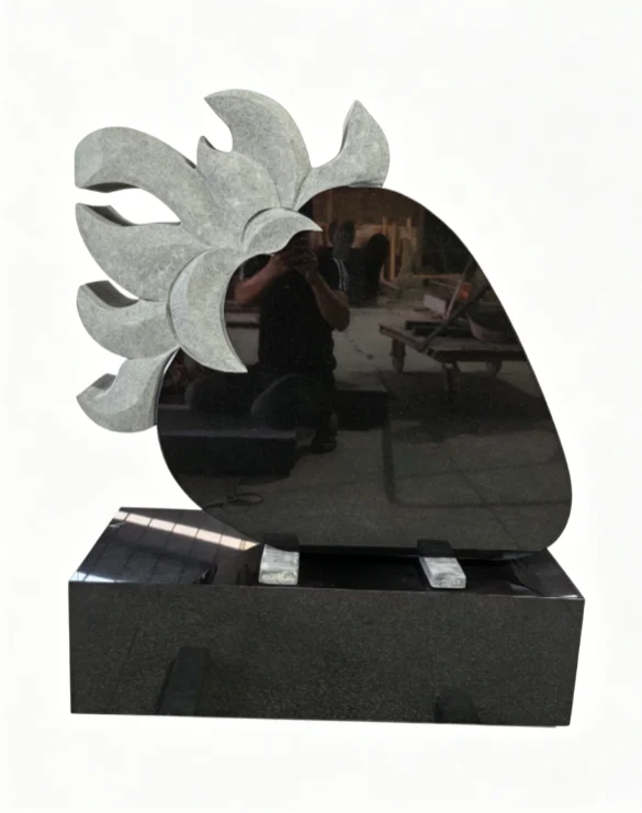 Black Granite Strawberry Shaped Headstone with Grey Flower Carving