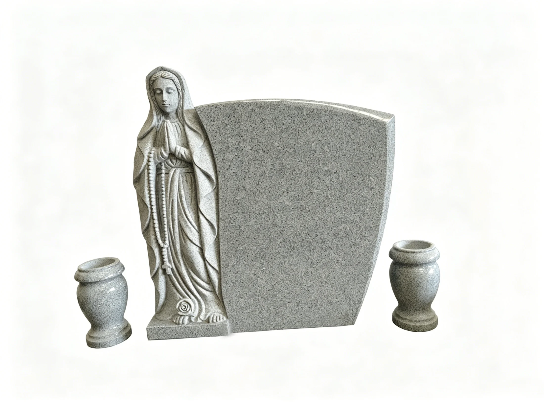 Granite Headstone with Virgin Mary & Two Vases