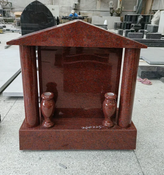 Columned Red Granite Tombstone with Gabled Roof