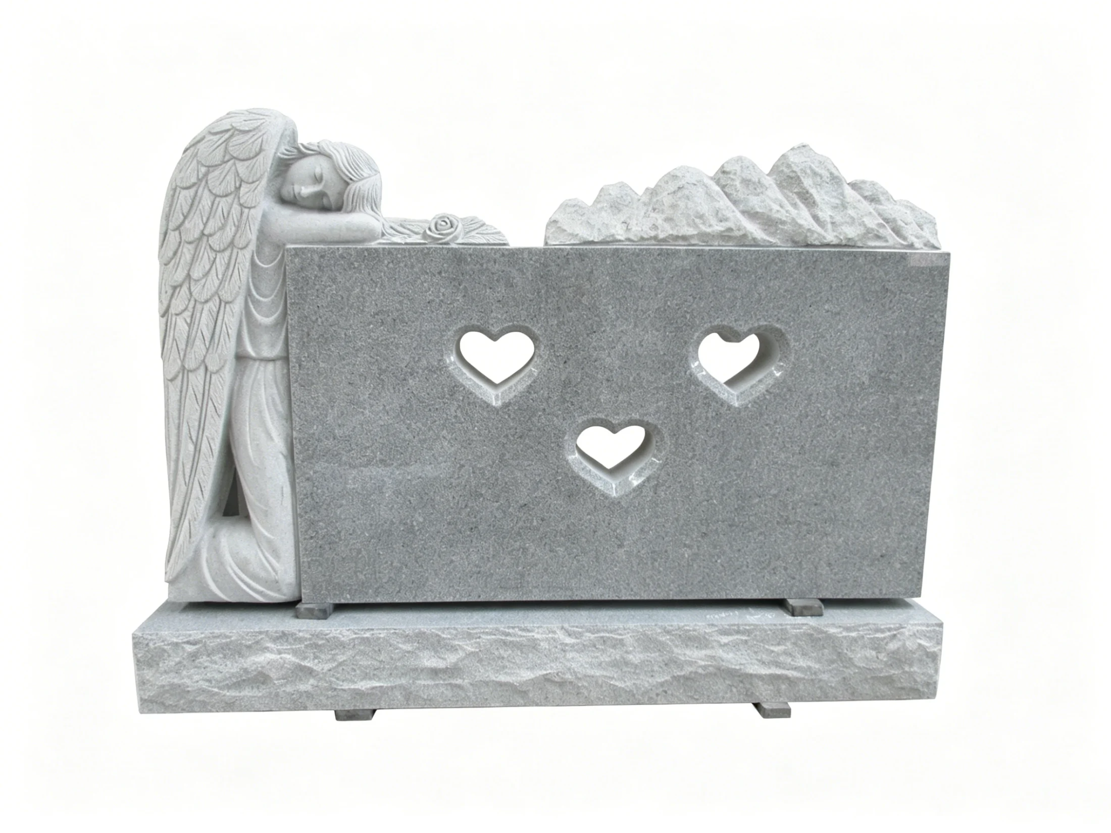 Angel Sculpture Triple Heart Cutout Double Headstone