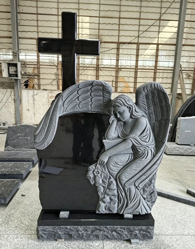 Black Granite Cross Headstone with Sleeping Angel Sculpture