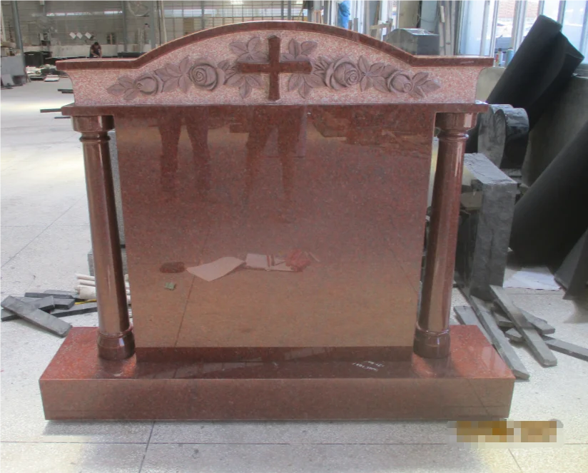Red Granite Tombstone with Cross & Rose Carving