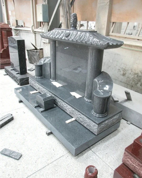 Chinese Palace-Style Black Granite Tombstone